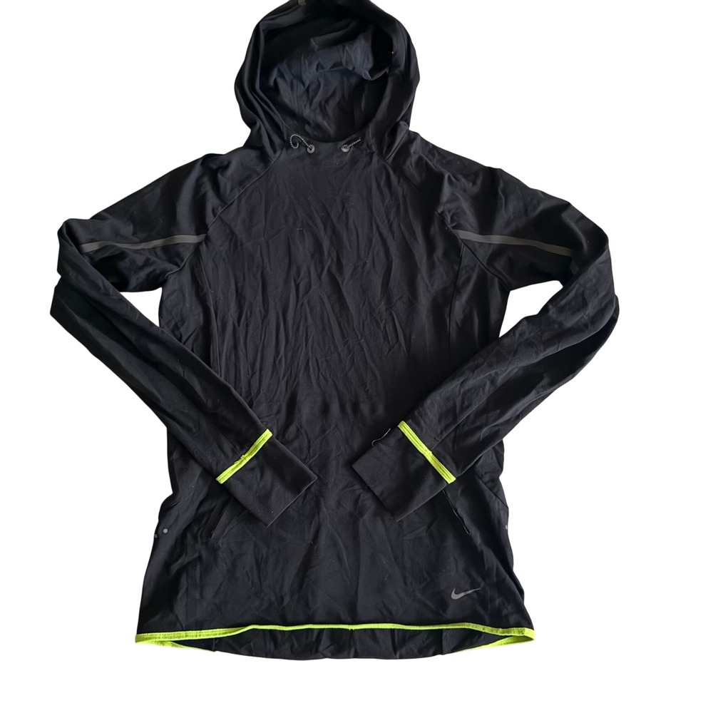 Nike Dri-FIT Womens Running Hoodie Black Neon Green Thumbhole Reflective Gym M